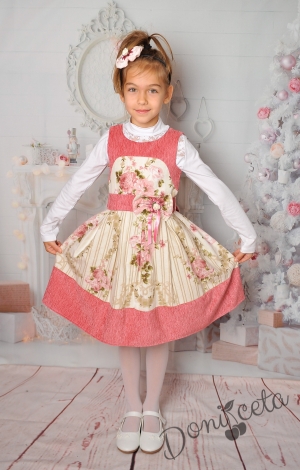 Официална детска рокля/сукман без ръкав в розово с рози