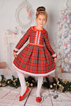 Официална детска рокля с дълъг ръкав в червено каре