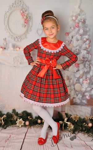 Официална детска рокля с дълъг ръкав в червено каре с  красива панделка