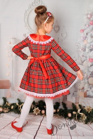 Официална детска/бебешка рокля с дълъг ръкав в червено каре