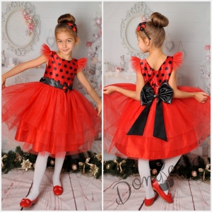 Официална детска рокля в червено и черно с богат тюл