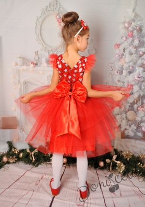 Официална детска рокля в червено с тюл и панделка