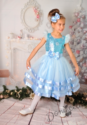 Официална детска рокля в светлосиньо с къс ръкав и тюл