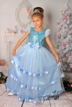 Официална дълга детска рокля в светлосиньо с къс ръкав 
