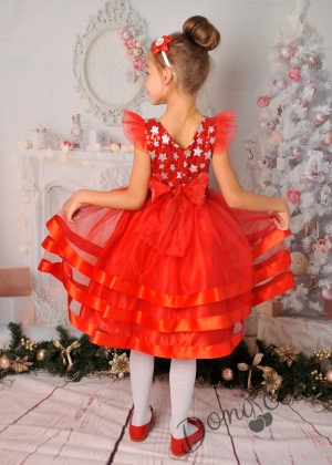 Официална детска рокля в червено с тюл и блясък