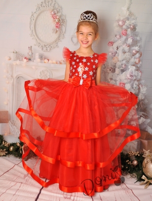 Официална дълга детска рокля в червено с къс ръкав и тюл