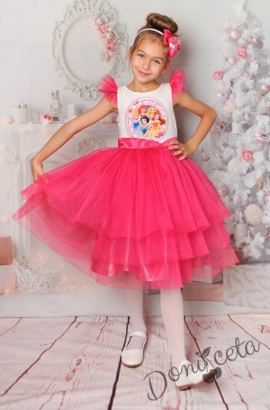 Официална детска рокля с апликация на принцеси и тюл