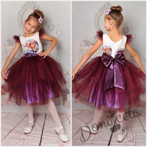 Официална детска рокля с апликация на Анна и Елза в лилаво