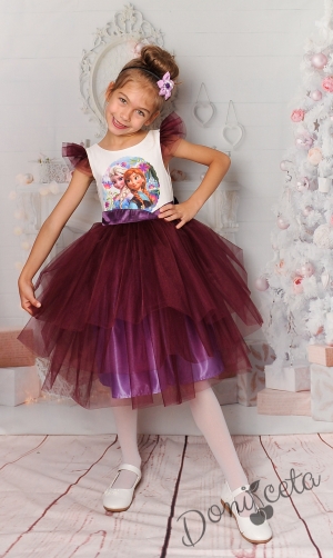 Официална детска рокля с апликация на Анна и Елза в лилаво