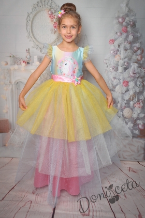 Официална дълга детска рокля с апликация на Пони/Еднорог и тюл