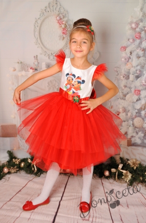 Официална коледна детска рокля в червено с Мини и Мики Маус