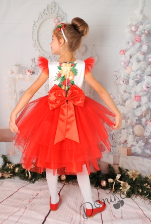 Официална коледна детска рокля с къс ръкав и тюл в червено