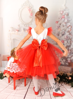 Официална детска коледна  рокля с къс ръкав и тюл в червено