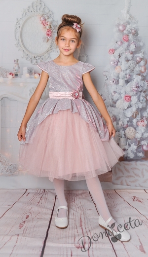 Официална детска рокля с къс ръкав в пепел от рози с тюл и блясък
