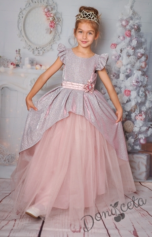 Официална детска дълга рокля в пепел от рози с тюл и блясък