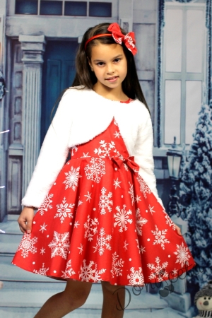 Комплект от коледна рокля в червено с болеро в бяло
