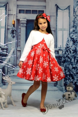 Коледна рокличка в червено със снежинки с болеро