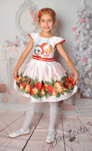 Коледна рокличка за момиче с мече и пингвин в бяло