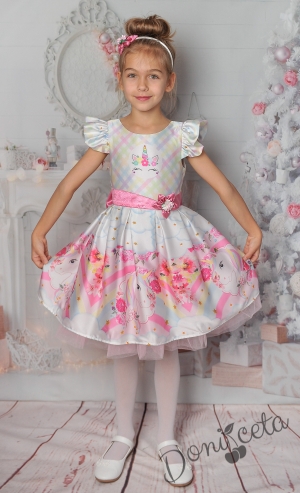 Официална детска рокля с къс ръкав с Еднорог