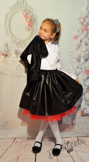 Детска кожена пола в черно с червен тюл