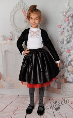 Детска кожена пола в черно с червен тюл