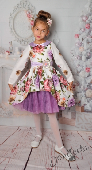 Официална детска рокля на цветя с дълъг ръкав и тюл в лилаво 