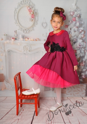 Официална детска рокля Каролина с дълъг ръкав  и тюл в циклама