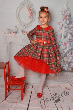 Официална детска рокля в червено каре с дълъг ръкав и тюл