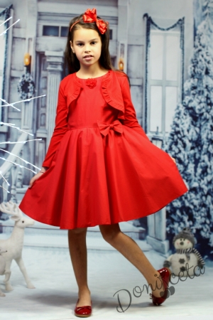 Коледна памучна рокля в червено с тюл и цветчета и болеро