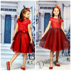Детска рокля с къс ръкав в червено с тюл и пайети
