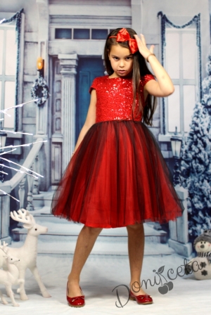 Детска официална рокличка с тюл в червено и черно