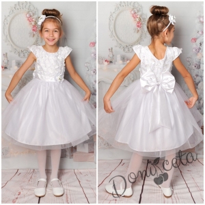Официална детска рокля в бяло с голяма панделка с 3D цветя 