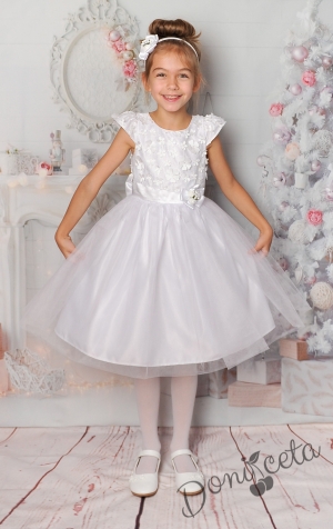 Официална детска рокля в бяло с голяма панделка 