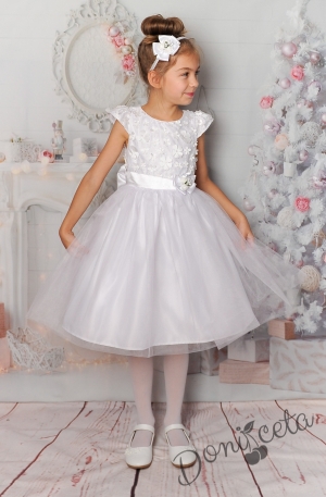 Официална детска рокля в бяло с 3D цветя 