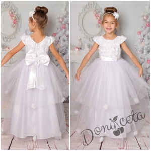 Официална дълга детска рокля в бяло с тюл и 3D цветя