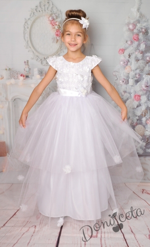 Официална дълга детска рокля в бяло с тюл 