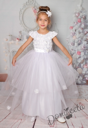 Официална дълга детска рокля в бяло и 3D цветя