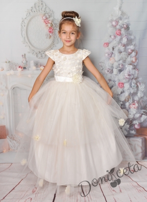 Дълга официална детска рокля в екрю с тюл и 3D цветя