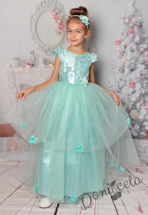 Официална дълга детска рокля в тюркоаз/мента с 3D цветя
