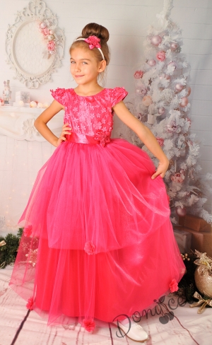 Официална дълга детска рокля с 3D цветя и тюл 