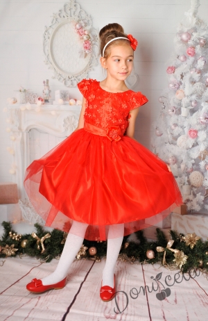 Официална детска рокля с 3D цветя и  червено