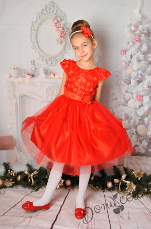 Детска официална рокля с 3D цветя и тюл в червено