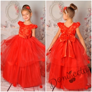 Официална дълга детска рокля в червено с тюл и 3D цветя