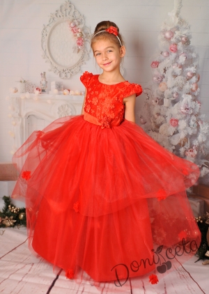 Официална дълга детска рокля в червено с тюл 