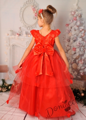 Официална дълга детска рокля в червено  с 3D цветя