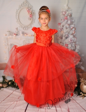 Дълга официална детска рокля в червено с тюл и 3D цветя