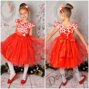 Детска официална рокличка с 3D цветя и тюл в червено и бяло