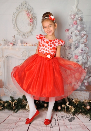 Официална детска рокля с 3D цветя и тюл в червено 