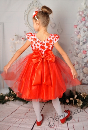Официална детска рокля с 3D цветя в червено и бяло