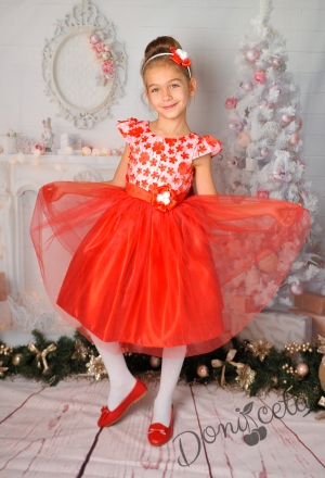 Официална детска рокля с тюл в червено и бяло